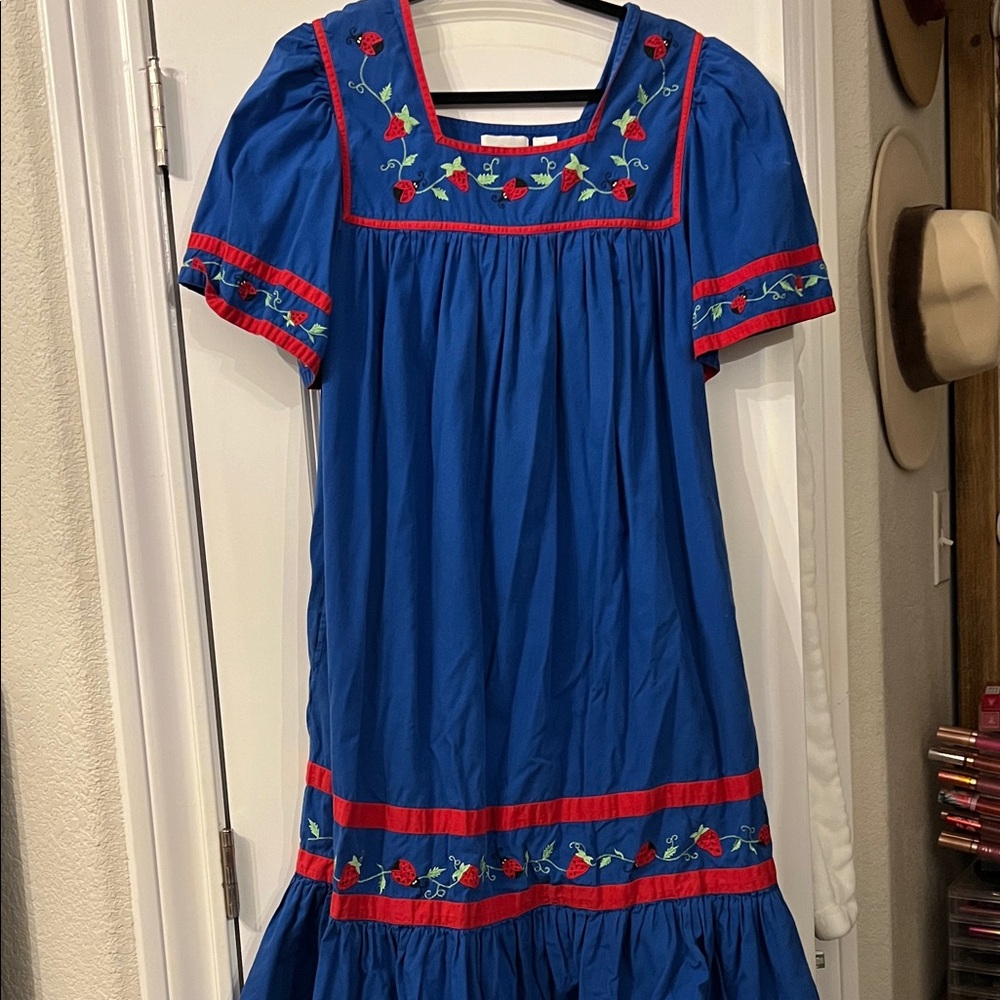 Vibrant Blue and Red Embroidered Midi Dress